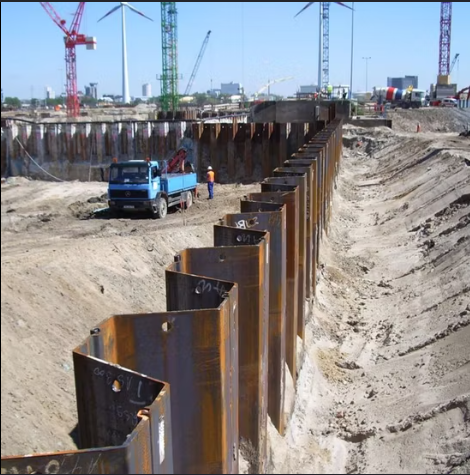 Steel sheet pile wall in a deep excavation